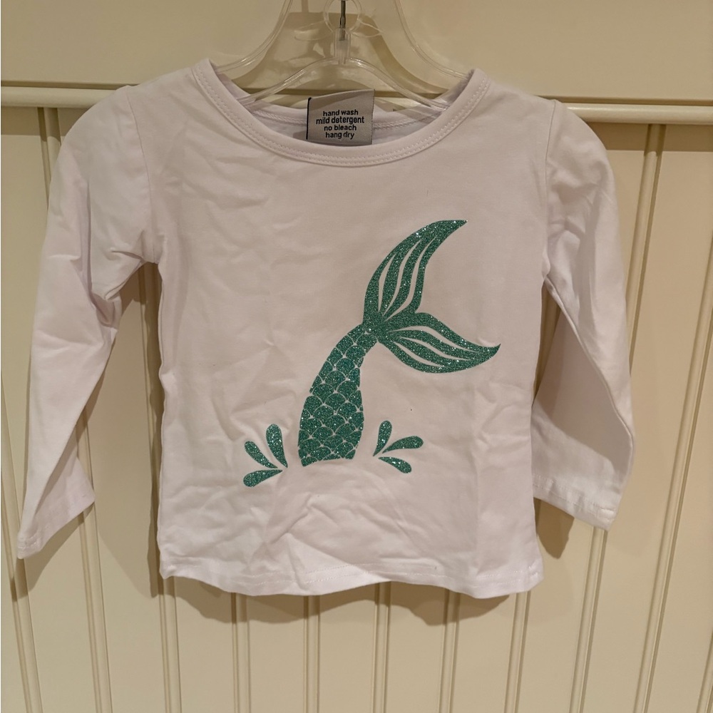 White and Blue Long Sleeve Tee with Mermaid Tail Design
